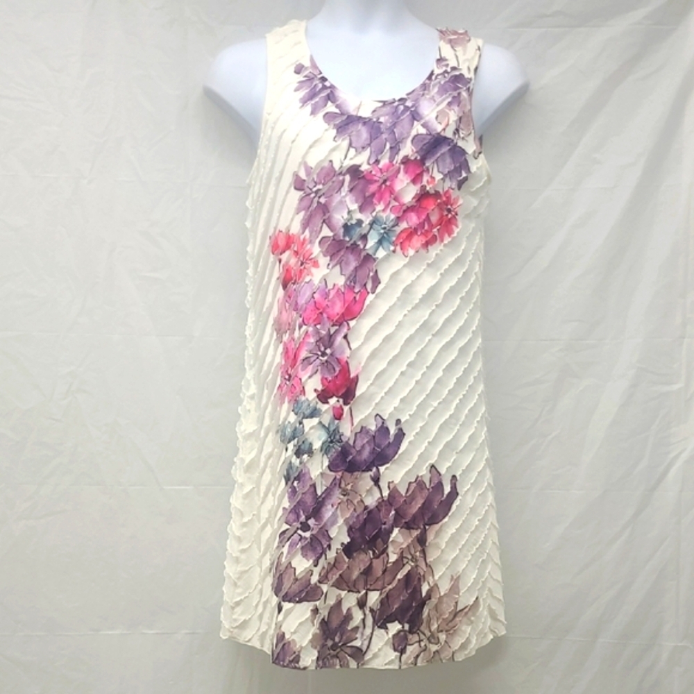 Christopher & Banks Sleeveless Midi Dress Watercolor Purple Pink Floral Ruffle